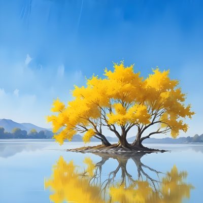 A Yellow Tree In The Middle Of A Lake