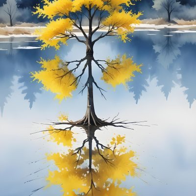 A Yellow Tree In The Middle Of A Lake With A Reflection On The Water Clear Blue Sky In The Background 13 3abe