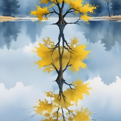 A Yellow Tree In The Middle Of A Lake With A Reflection On The Water Clear Blue Sky In The Background 17 B531