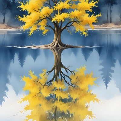 A Yellow Tree In The Middle Of A Lake With A Reflection On The Water Clear Blue Sky In The Background 18 Ac8c