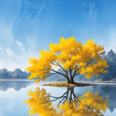 A Yellow Tree In The Middle Of A Lake With A Reflection On The Water Clear Blue Sky In The Background 20 Dc3b