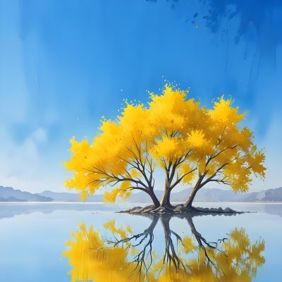 A Yellow Tree In The Middle Of A Lake With A Reflection On The Water Clear Blue Sky In The Background 22 1965
