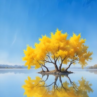 A Yellow Tree In The Middle Of A Lake With A Reflection On The Water Clear Blue Sky In The Background 28 52ab