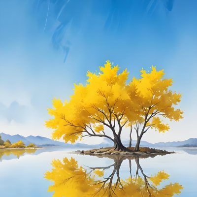 A Yellow Tree In The Middle Of A Lake With A Reflection On The Water Clear Blue Sky In The Background 32 4cb2