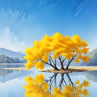 A Yellow Tree In The Middle Of A Lake With A Reflection On The Water Clear Blue Sky In The Background 35 C436