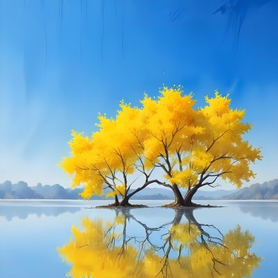 A Yellow Tree In The Middle Of A Lake With A Reflection On The Water Clear Blue Sky In The Background 38 Bae9