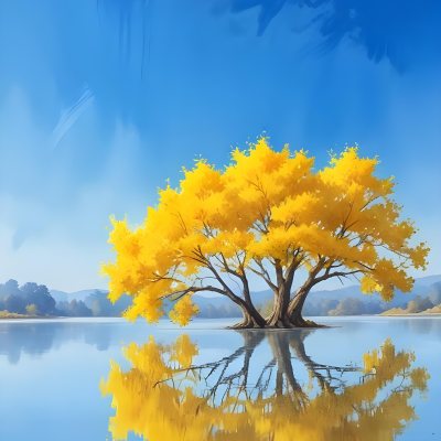 A Yellow Tree In The Middle Of A Lake With A Reflection On The Water Clear Blue Sky In The Background 39 B2ab