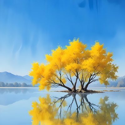 A Yellow Tree In The Middle Of A Lake With A Reflection On The Water Clear Blue Sky In The Background 4 5d81
