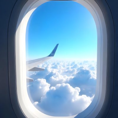 Airplane Window View With Blue Sky And White Clouds Bright Sunlight Shining Through The Clouds Creating A Sense Of Altitude And Freedom 13 8786