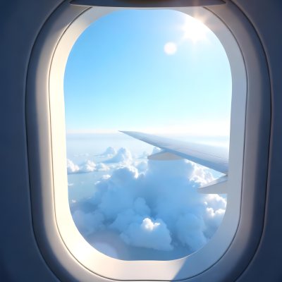Airplane Window View With Blue Sky And White Clouds Bright Sunlight Shining Through The Clouds Creating A Sense Of Altitude And Freedom 16 C0f7