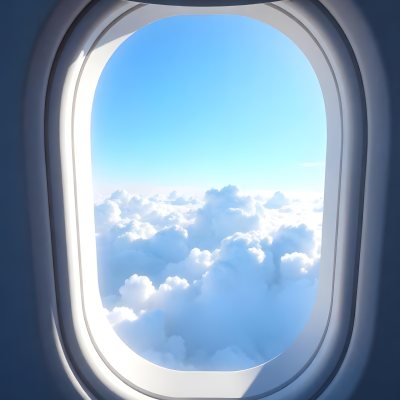 Airplane Window View With Blue Sky And White Clouds Bright Sunlight Shining Through The Clouds Creating A Sense Of Altitude And Freedom 17 C14e