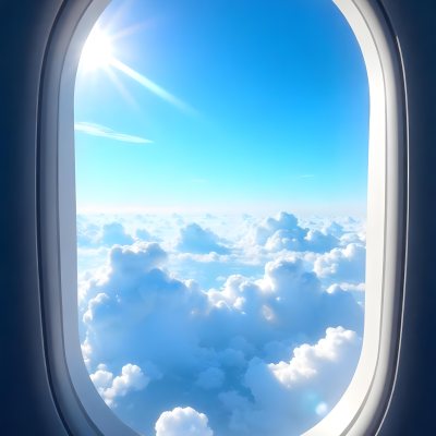 Airplane Window View With Blue Sky And White Clouds Bright Sunlight Shining Through The Clouds Creating A Sense Of Altitude And Freedom 19 486e