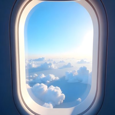 Airplane Window View With Blue Sky And White Clouds Bright Sunlight Shining Through The Clouds Creating A Sense Of Altitude And Freedom 20 1261