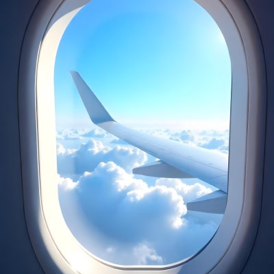 Airplane Window View With Blue Sky And White Clouds Bright Sunlight Shining Through The Clouds Creating A Sense Of Altitude And Freedom 22 4cb4