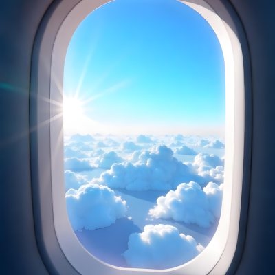 Airplane Window View With Blue Sky And White Clouds Bright Sunlight Shining Through The Clouds Creating A Sense Of Altitude And Freedom 23 9fab