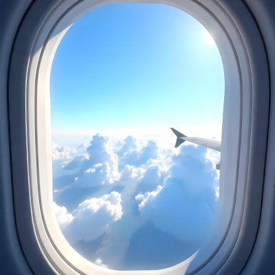 Airplane Window View With Blue Sky And White Clouds Bright Sunlight Shining Through The Clouds Creating A Sense Of Altitude And Freedom 5 6342