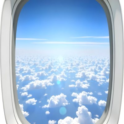 Airplane Window View With Blue Sky And White Clouds Bright Sunlight Shining Through The Clouds Creating A Sense Of Altitude And Freedom 6 De9a