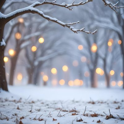 Blurred Winter Landscape With Falling Snow Bare Tree Branches And Warm Bokeh Lights In The Background 13 2025