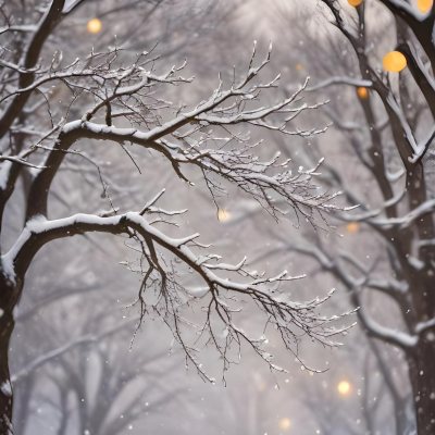 Blurred Winter Landscape With Falling Snow Bare Tree Branches And Warm Bokeh Lights In The Background 16 1911