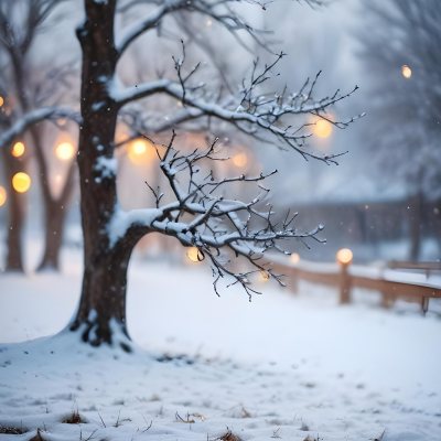 Blurred Winter Landscape With Falling Snow Bare Tree Branches And Warm Bokeh Lights In The Background 18 0f15
