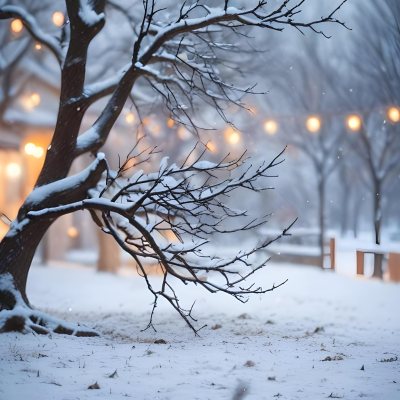 Blurred Winter Landscape With Falling Snow Bare Tree Branches And Warm Bokeh Lights In The Background 20 86c0