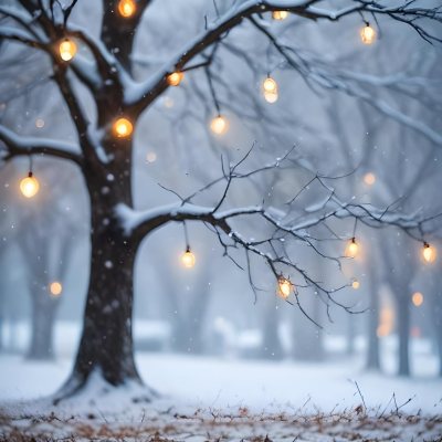 Blurred Winter Landscape With Falling Snow Bare Tree Branches And Warm Bokeh Lights In The Background 21 B9e4