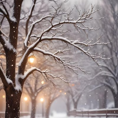 Blurred Winter Landscape With Falling Snow Bare Tree Branches And Warm Bokeh Lights In The Background 25 0b03
