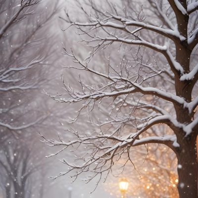 Blurred Winter Landscape With Falling Snow Bare Tree Branches And Warm Bokeh Lights In The Background 26 9e40