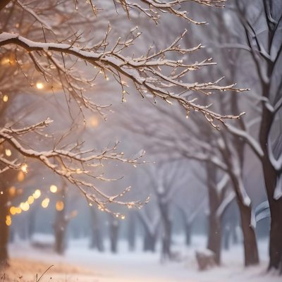 Blurred Winter Landscape With Falling Snow Bare Tree Branches And Warm Bokeh Lights In The Background 3 B94a