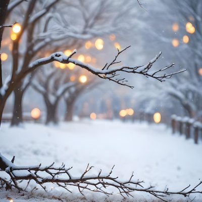 Blurred Winter Landscape With Falling Snow Bare Tree Branches And Warm Bokeh Lights In The Background 32 57e0