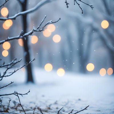 Blurred Winter Landscape With Falling Snow Bare Tree Branches And Warm Bokeh Lights In The Background 34 6ac6