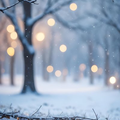 Blurred Winter Landscape With Falling Snow Bare Tree Branches And Warm Bokeh Lights In The Background 37 6e0f