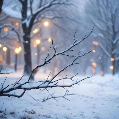 Blurred Winter Landscape With Falling Snow Bare Tree Branches And Warm Bokeh Lights In The Background 39 F272