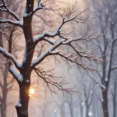 Blurred Winter Landscape With Falling Snow Bare Tree Branches And Warm Bokeh Lights In The Background 4 385e