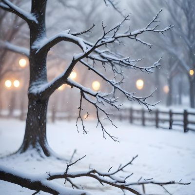 Blurred Winter Landscape With Falling Snow Bare Tree Branches And Warm Bokeh Lights In The Background 45 Ddf1
