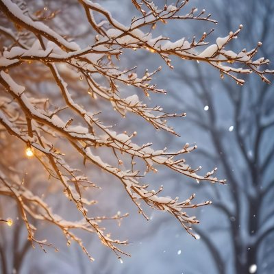 Blurred Winter Landscape With Falling Snow Bare Tree Branches And Warm Bokeh Lights In The Background 6 F1ae