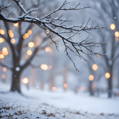 Blurred Winter Landscape With Falling Snow Bare Tree Branches And Warm Bokeh Lights In The Background 7 Cc55