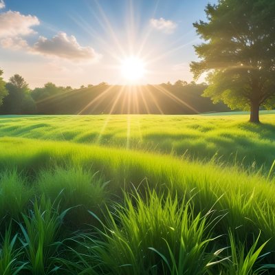 Bright Blue Sky With Sun Rays Blurred Green Grass In The Foreground 10 2626