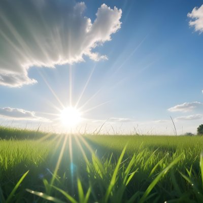 Bright Blue Sky With Sun Rays Blurred Green Grass In The Foreground 11 32ce