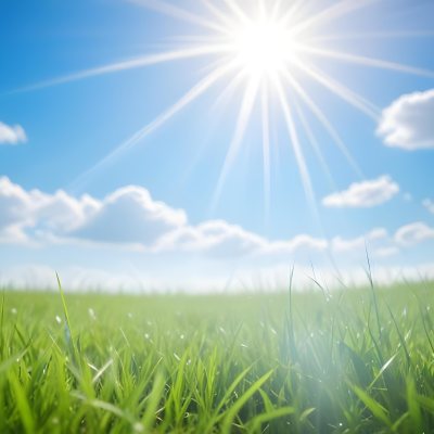 Bright Blue Sky With Sun Rays Blurred Green Grass In The Foreground 12 E206
