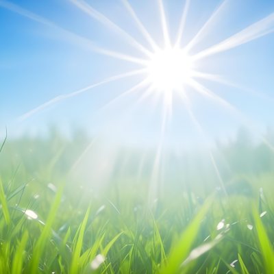 Bright Blue Sky With Sun Rays Blurred Green Grass In The Foreground 13 A9c4