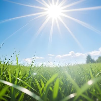 Bright Blue Sky With Sun Rays Blurred Green Grass In The Foreground 16 7cbe