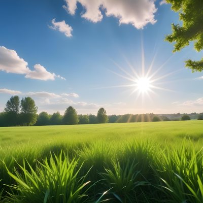 Bright Blue Sky With Sun Rays Blurred Green Grass In The Foreground 18 Bdf3