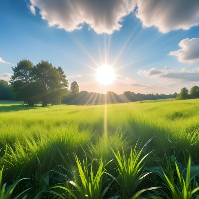 Bright Blue Sky With Sun Rays Blurred Green Grass In The Foreground 19 7907