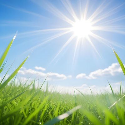 Bright Blue Sky With Sun Rays Blurred Green Grass In The Foreground 3 3970