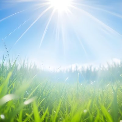 Bright Blue Sky With Sun Rays Blurred Green Grass In The Foreground 4 E3aa