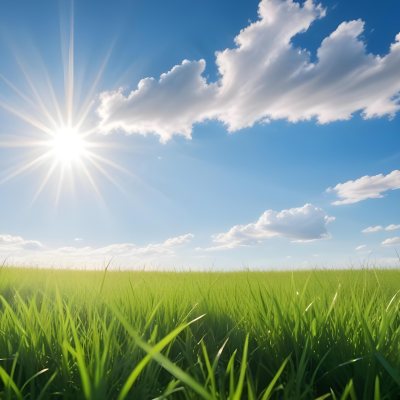 Bright Blue Sky With Sun Rays Blurred Green Grass In The Foreground 5 1545