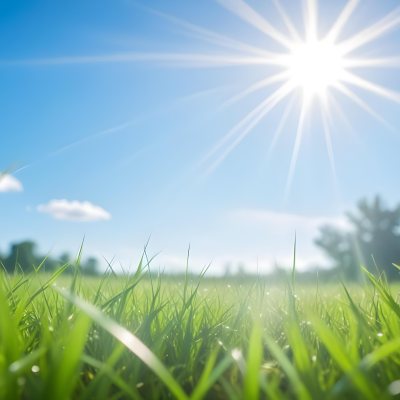 Bright Blue Sky With Sun Rays Blurred Green Grass In The Foreground 6 597d