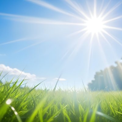 Bright Blue Sky With Sun Rays Blurred Green Grass In The Foreground 8 Ed41
