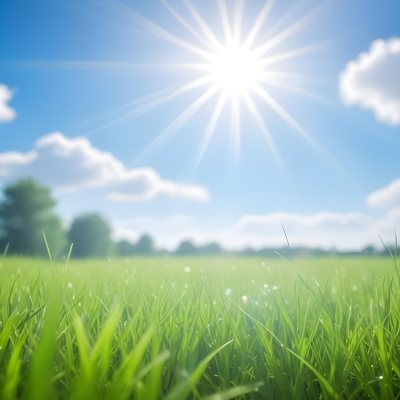 Bright Blue Sky With Sun Rays Blurred Green Grass In The Foreground 9 41d5